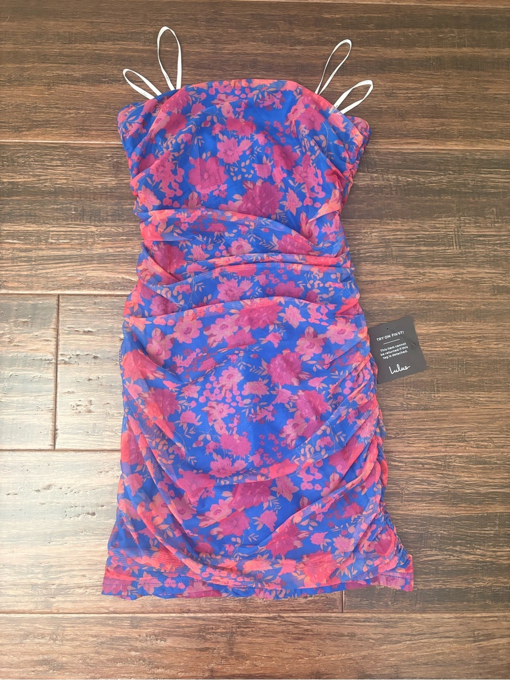 NWT Lulus Floral Mesh Strapless Ruched Mini Dress